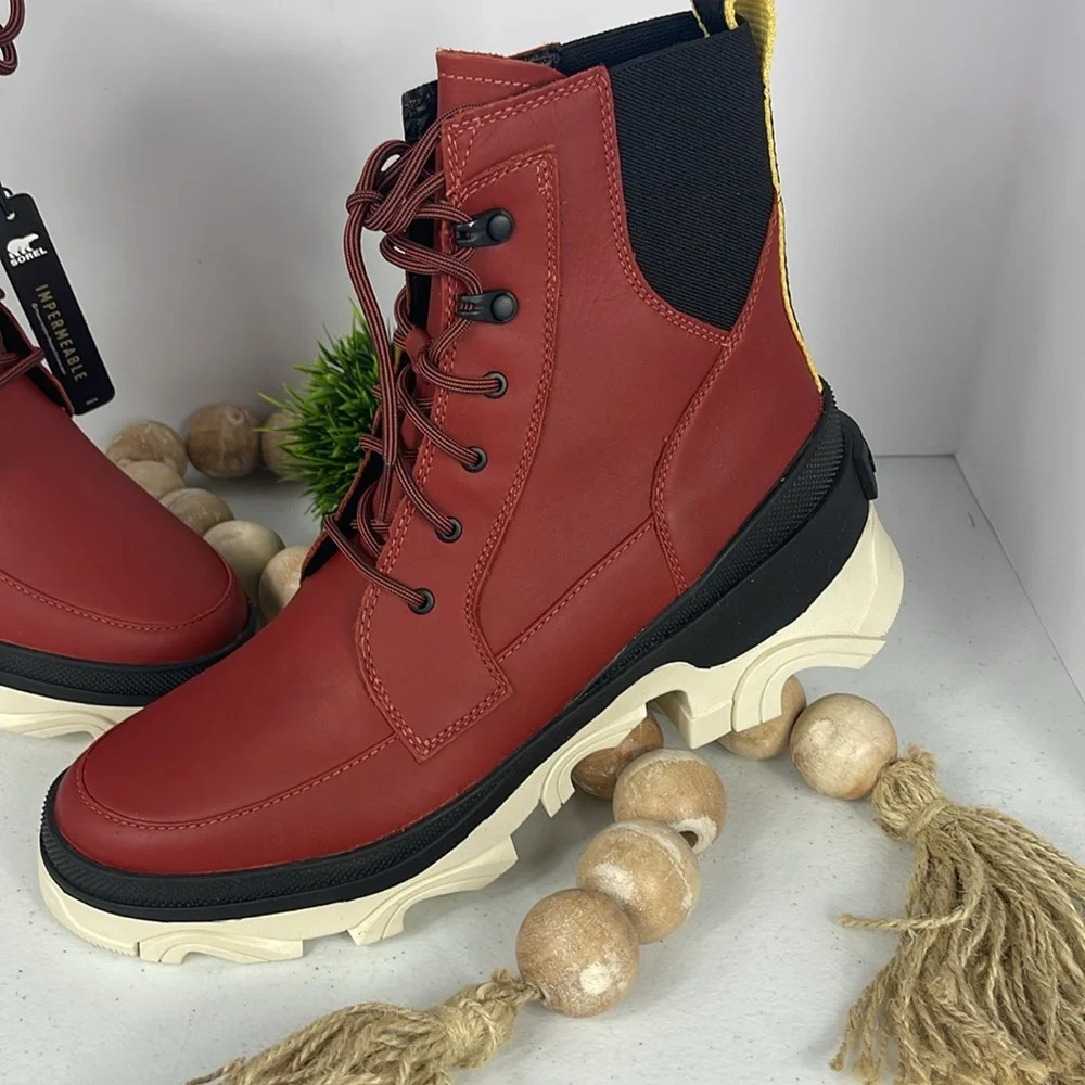 Sorel Boots Womens Brex Lace-Up Red Black Waterproof Bootie Modern Chunky Heel - Picture 2 of 11